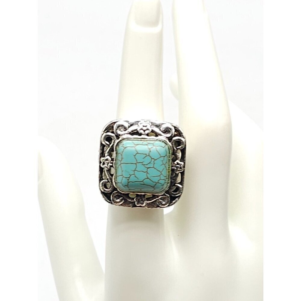 Silver Plated Blue Square Howlite Faux Tourquoise Ring Size 7 Vintage